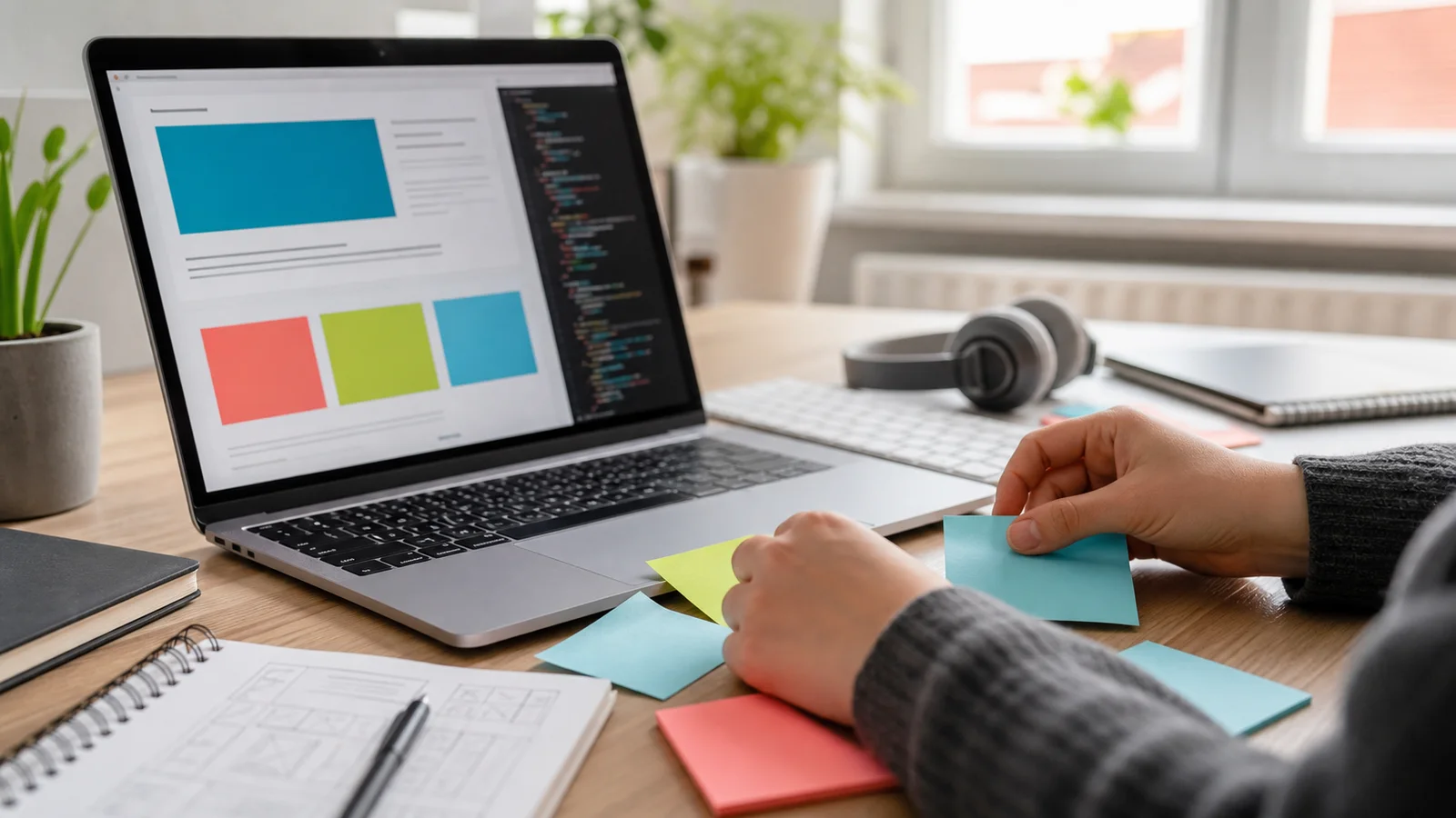 Frontend Kurs mit Laptop, CSS Layout und Lernnotizen